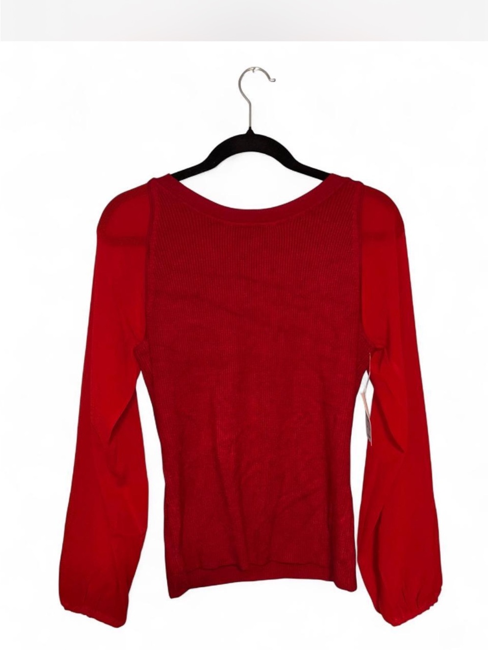 89th & Madison Red Ribbed Knit Top Sheer Long Sleeves NWT Size Large